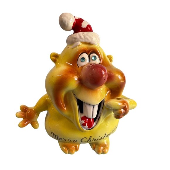 1960 Kreiss Psycho Ceramics Yellow Santa Figure Merry Christmas Woolworths Tag - Picture 1 of 7